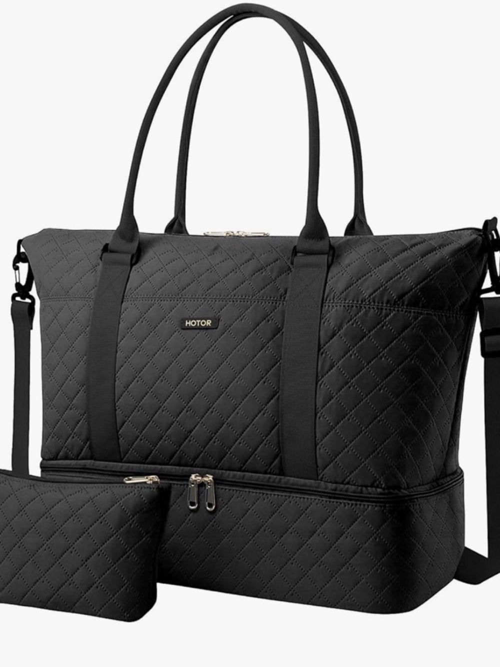 Black Quilted Weekender Tote Bag with Removable Pouch